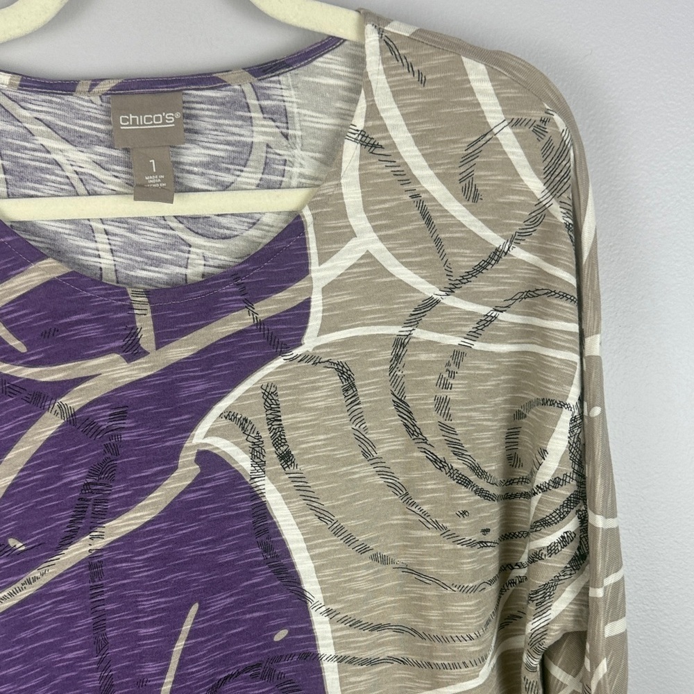 Chico's Cotton Modal Blend Purple Tan Round Neck Abstract 3/4 Sleeve Medium Top - Picture 7 of 11